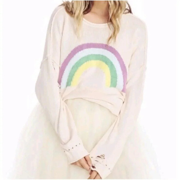 WILDFOX sz. S Sky High Bloomy Rainbow Sweater Distressed Pullover Oversized Top - Picture 2 of 13